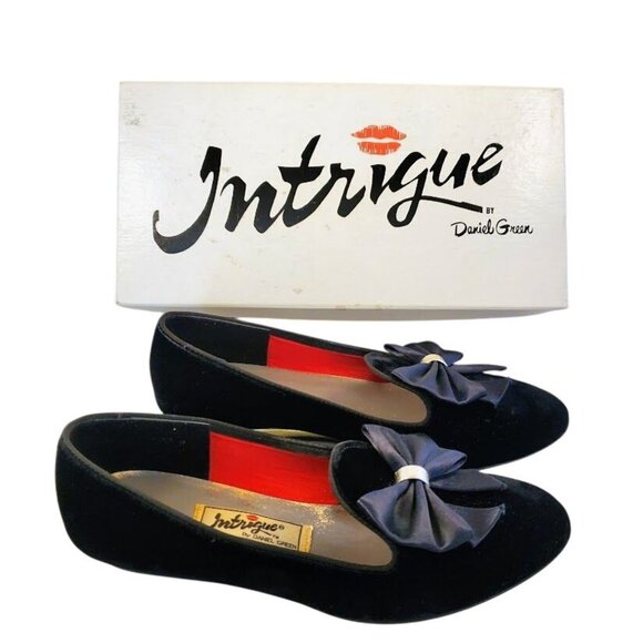 Intrigue By Daniel Green Women's Vintage Black Velvet Ballet Flats Gold Wedge 7 - Picture 2 of 10